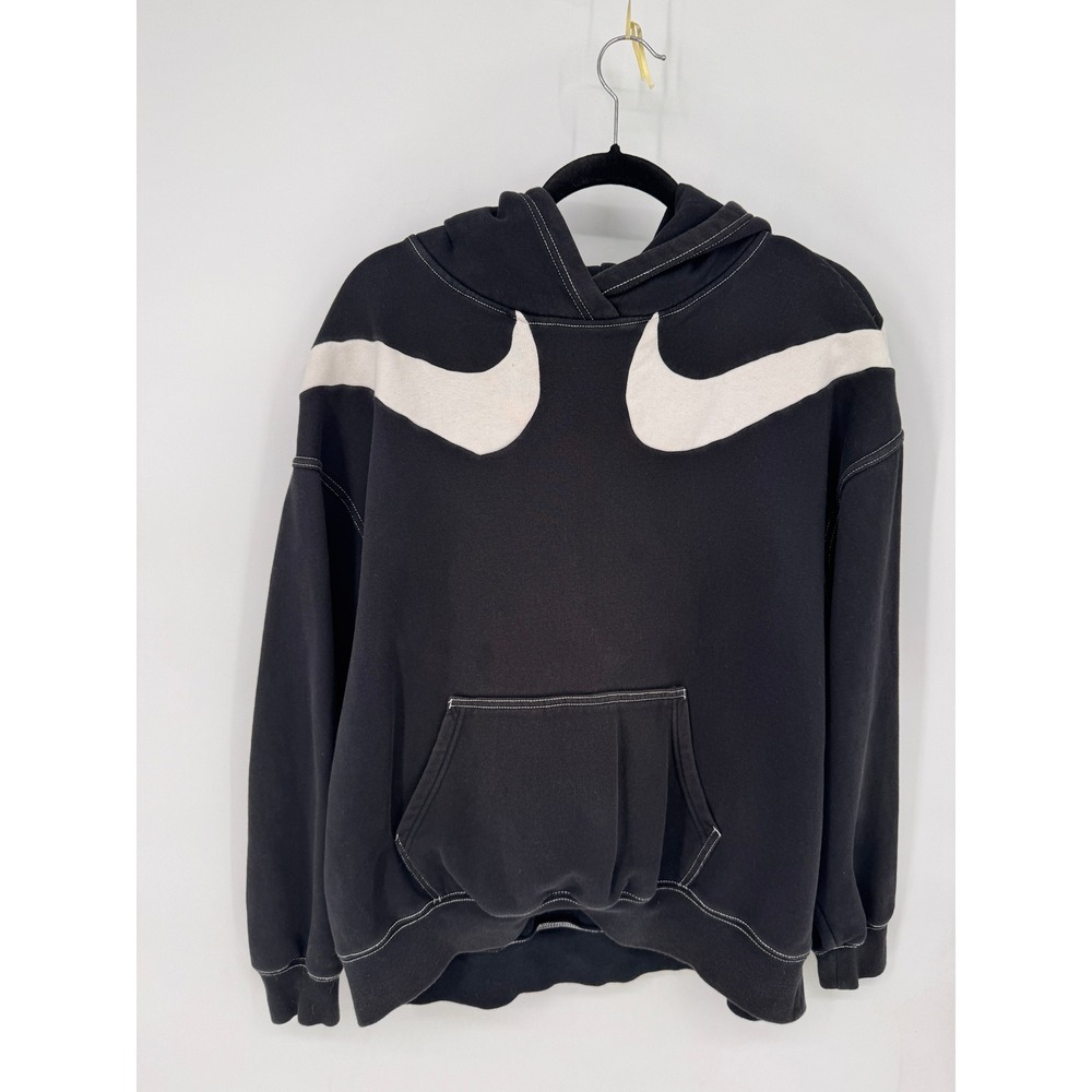 Nike Hoodie Mens M Black Double Swoosh Contrast Stitch Oversized Pullover Sporty